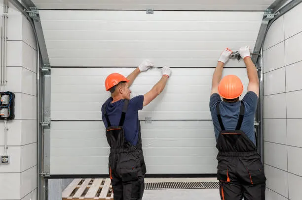 Two workers fitting the panels of a new sectional garage door
