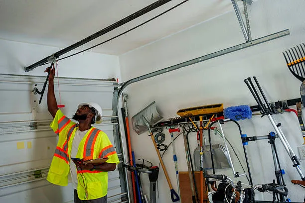 A worker inspecting the spring and cable system above a residential garage door